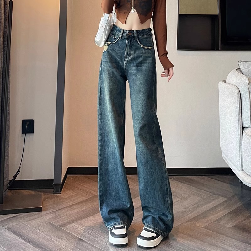 复古牛仔裤女夏装潮流百搭夏季薄款简约大方高腰直筒破洞阔腿裤子