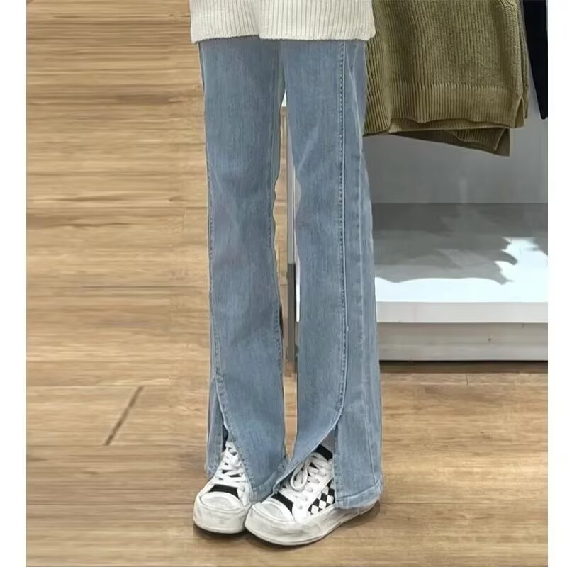 韩版复古开叉设计牛仔裤女秋季新款宽松显瘦高腰直筒阔腿拖地裤子
