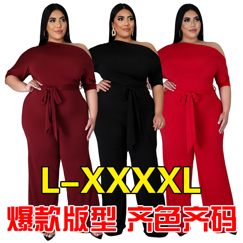 亚马逊独立站新款大码女装时尚纯色斜肩绑带连体裤阔腿裤一件代发