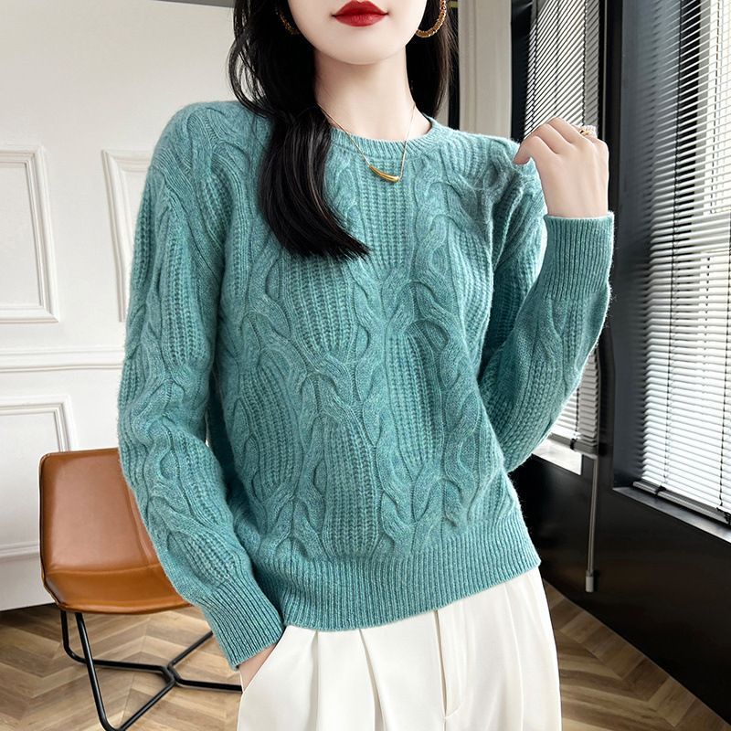 秋冬圆领绞花宽松女套头休闲针织打底衫长袖保暖内搭上衣洋气显瘦